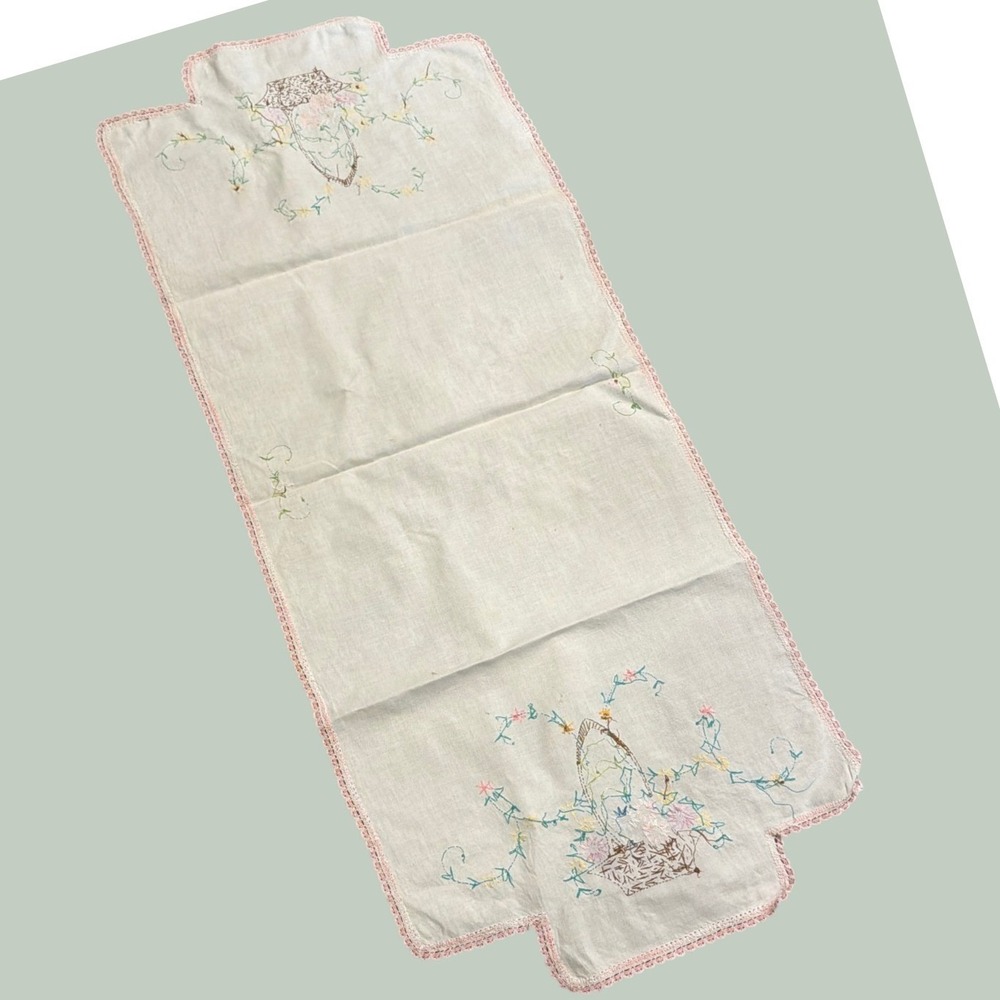 Vtg Hand-Embroidered Linen Table Runner Floral Basket Crochet Lace Mid-Century